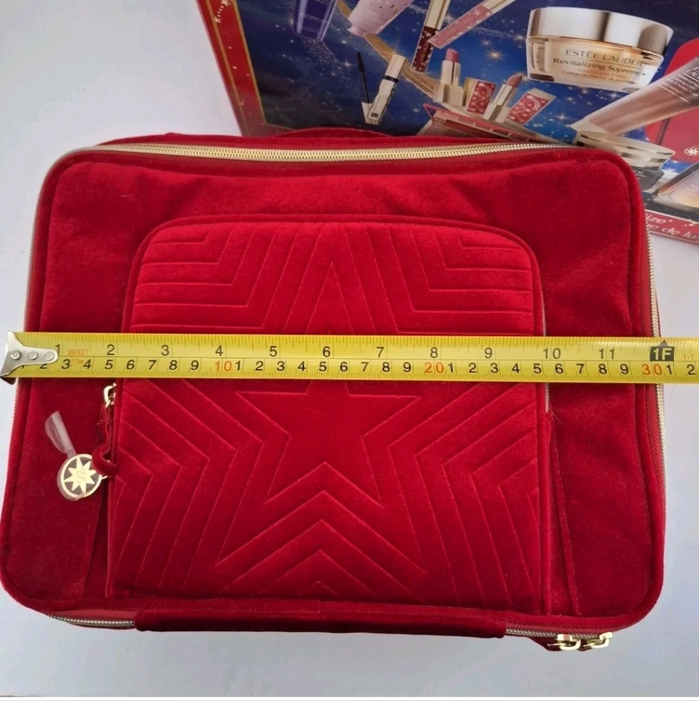 Estee Lauder Red Velvet Star Train Case Cosmetic Travel Bag Gold Toned Hardware